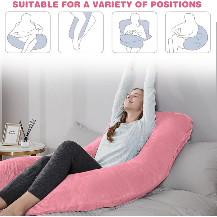 Наволочка на подушку для вагітних U-подібна, бавовняна знімна наволочка для подушки для годування та підтримки тіла, 140 x 80 см (Рожевий + Сірий)