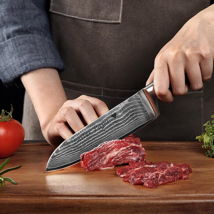 Нож Santoku Wakoli з дамаської сталі (серцевина VG10), 17 см – гострий кухонний ніж для всіх видів нарізок, з ручкою з паккавуду в подарунковій коробці (з гравіюванням)
