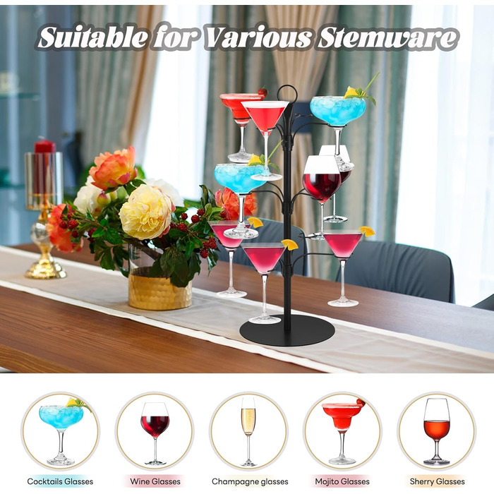 Стійка для келихів YCWF – 3 яруси, 12 келихів, для шампанського, коктейлів, маргарити (чорна)