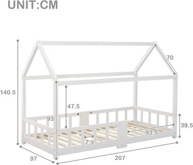 Дитяче ліжко Merax House Bed 200 x 90 см із захистом від падіння та рейковим каркасом, універсальне дерев'яне ліжко на дереві для хлопчиків та дівчаток - Дитячий будиночок Ліжко з сосни Молодіжне ліжко з масиву дерева, біле