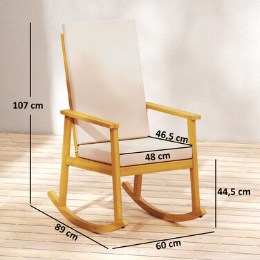 Гойдалка з акації з високою спинкою та подушкою, витримує до 160 кг, 60 x 89 x 107 см, бежева