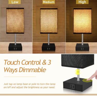 Приліжковий світильник Touch Dimmable Набір з 2 шт. з USB, 3 рівнями яскравості, в т.ч. 4 лампочки (чорні)