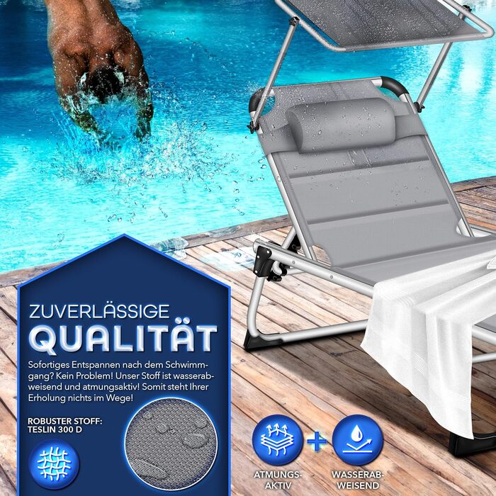 Сонячне ліжко Tillvex® з дахом та подушкою для голови | Садовий лежак, розкладний | Пляжний лежак з регульованою спинкою | Алюмінієве ліжко (з преміум-подушкою), сірий