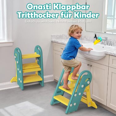 Дитячий підсвічник Onasti Tritthocker Kinder: регульована висота, 3 сходинки, з ручками, складний, анти-кіп та анти-ковзний, для кухні, ванної, раковини та туалету (сірий) сіро-білий (зелений)