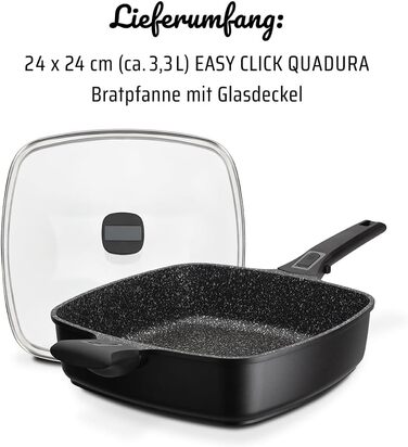 Сковорода для смаження і сервірування GSW EASY CLICK Quadura зі скляною кришкою 24x24 см, Чорна