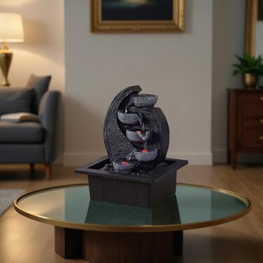 Джерело води Zen'Light Zimmerbrunnen V2 з 4 рівнями, імітація натурального каменю та кольоровим LED-підсвічуванням. Сучасна декор для столу, ідеально для медитації та релаксації. Висота 26 см. Унікальний дизайн.