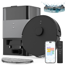 Робот-пилосос з функцією миття та станцією самоочищення, об'єм 3.5л, для килима та шерсті тварин, керування через додаток та Alexa, LiDAR навігація, час роботи 180хв (Чорний)
