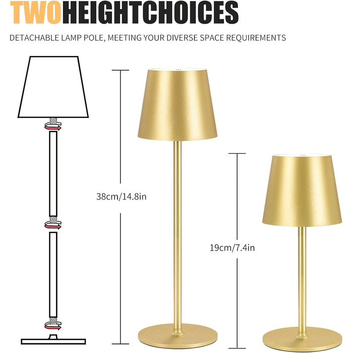 Бездротова лампа настільна LED з регулюванням яскравості та 3 колірними температурами, сенсорне керування, зарядка USB-C, для дому, відпочинку та кемпінгу (G1pack-gold)