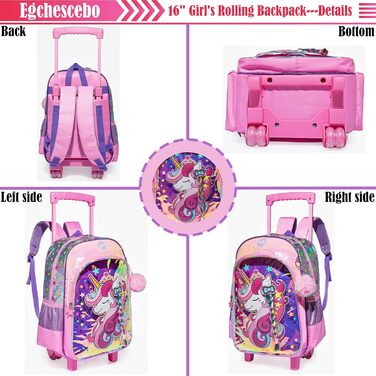 Дитячий рюкзак Egchescebo Satchel для дівчаток на колесах 17 3PCS Туристичні рюкзаки (Pink-djs)