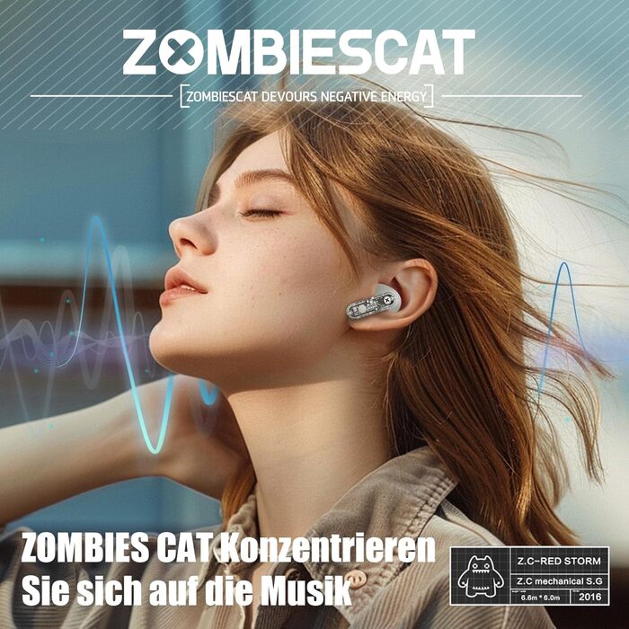 Навушники-вкладиші ZOMBIES CAT Bluetooth 5.3, HiFi, сенсорні, світлові ефекти, для IOS/Android, білий