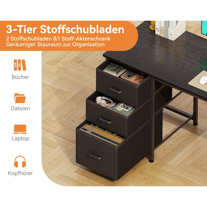 Комп'ютерний стіл Coleshome з висувними ящиками з тканини, 130x48 см. 2 розетки та 2 USB-порти для зарядки. Стільниця з полицею, реверсивний офісний стіл для дому та офісу (Чорний, 130x48x75.7 см)