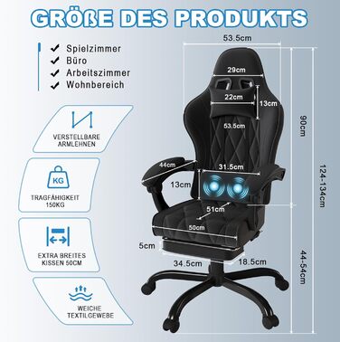 Ігровий крісло JUMMICO з тканини та підлокітниками з піною, ергономічний офісний крісло з масажером. Крісло має підголівник, підставку для ніг, регулювання висоти. Максимальне навантаження: 150 кг, чорний колір