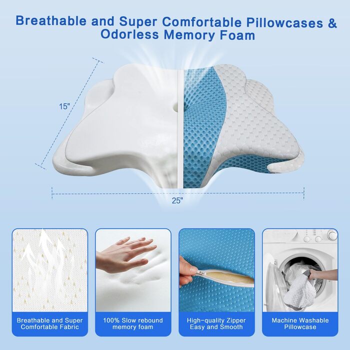 Ортопедична подушка для шиї з Memory Foam, регульована, ергономічна, для комфортного сну, без запаху, блакитна