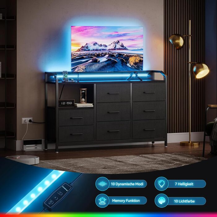 Комод ODK з висувними ящиками та LED-підсвіткою, 10 кольорів, 2 USB та 2 AC розетки, 8 тканинних ящиків, для вітальні та спальні, 110x30x88 см (Чорний)