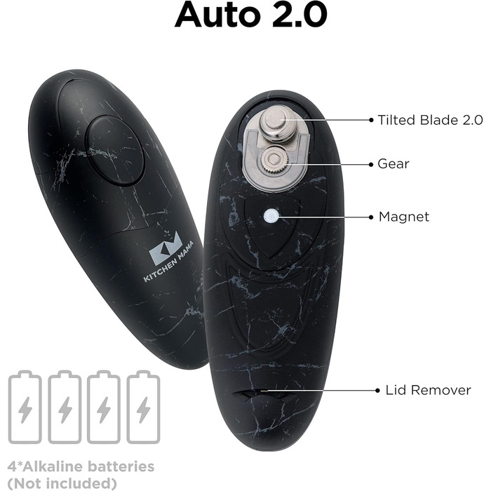 Електричний відкривач консерв Kitchen Mama 2.0: автоматичний, бездротовий, з гладкою кромкою, для безпечного відкривання, працює від батарейок (мармуровий чорний)