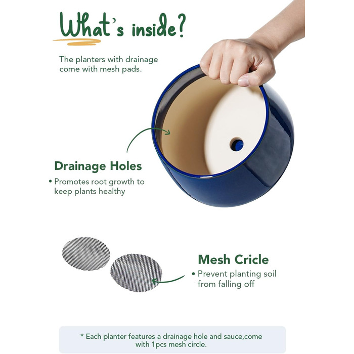 Керамічні горщики LE TAUCI з підставкою, 10+13+16 см, набір з 3 горщиків для кімнатних рослин, з дренажним отвором, колір Сафіровий Блакитний