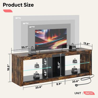 Тумба під TV Bestier, 160x35x52 см, для телевізорів до 65 дюймів, з RGB-підсвічуванням, керуванням кабелів та регульованою скляною полицею (140 см + розетка), колір - коричневий