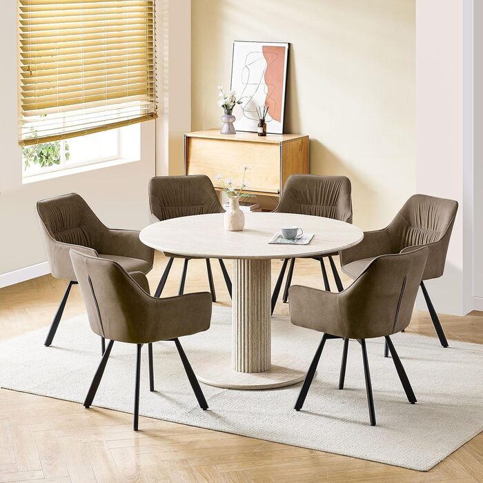 Набір обідніх крісел 6 шт. з поворотним механізмом, крісла з підлокітниками, поворот на 360°, м'яке крісло з велюру, для вітальні, кухні, робочого кабінету, спальні, коричневе, 6 шт.