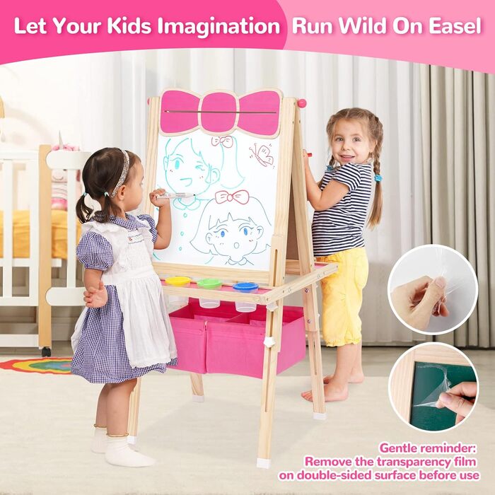 Дерев'яна мольберт Kinder Tafel з паперовою рулонкою, регульована висота, рожевий колір, двосторонній (whiteboard та дошка)
