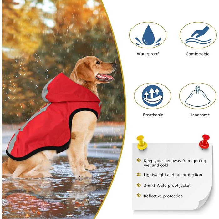Водонепроникний дощовик Idepet 2-в - 1 для собак, легкий комбінезон для собак з капюшоном, дихаюче дощове пончо з капюшоном і світловідбиваюча смуга для собак малого та середнього розміру (3XL, червоний) 3XL червоний