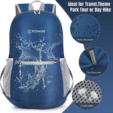 Надлегкий складаний рюкзак ZOMAKE об'ємом 20 л, невеликі рюкзаки, водонепроникний похідний рюкзак, що упаковується рюкзак для жінок і чоловіків, походи на відкритому повітрі (темно-синій)