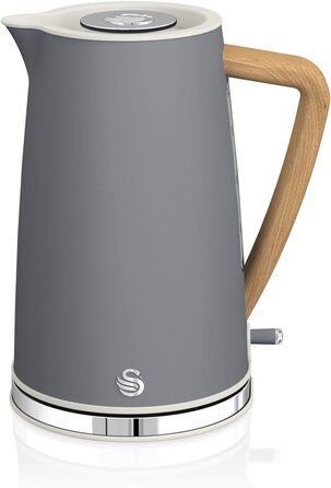 Тостер Swan Nordic з широким отвором, 4 скибочки, 3 функції, 6 рівнів підрум'янювання, сучасний дизайн, нержавіюча сталь, ручка під дерево, матовий (сірий, комплект з чайником)