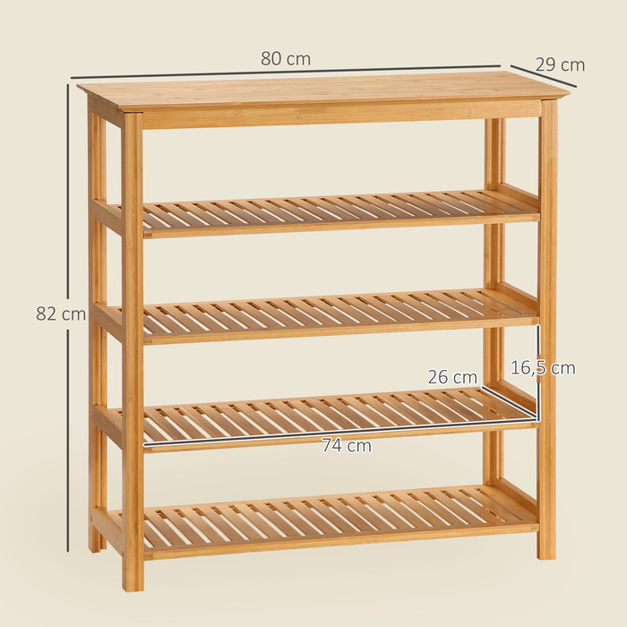 Стеллаж для взуття HOMCOM з 4 полицями, бамбук, ламелі, для розмірів взуття до EU 45, натуральний