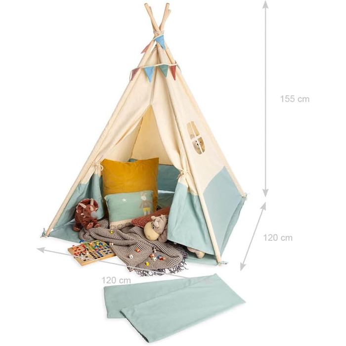 Намет PINOLINO Tipi для дітей – Yuma | Індіанський намет з вікном, килимком та гірляндою, 120x120x155 см, швидка збірка, кремовий/пастельно-блакитний