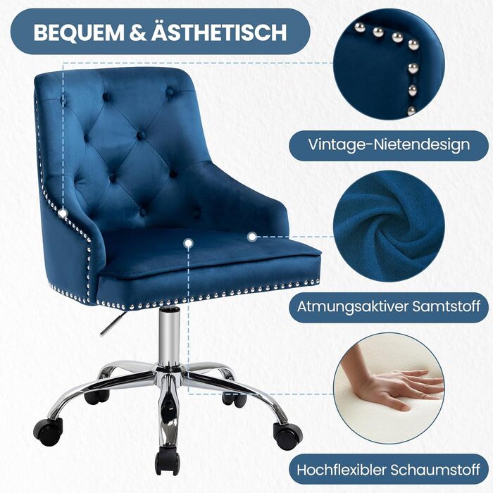 Крісло офісне Fiximaster з велюру, поворотне, з роликами, регульоване по висоті, для макіяжу, з золотими ніжками, сучасне, для офісу, спальні або туалетного столика, до 135 кг (Блакитне)