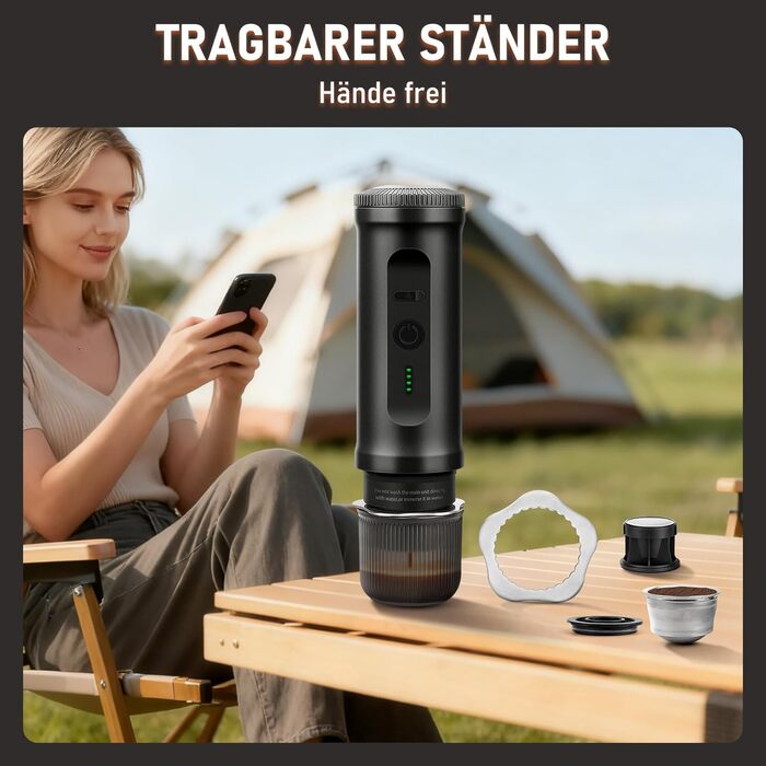 Портативна кавомашина ICARE з акумулятором, 2-в-1 для капсул NS та меленої кави, самонагріваюча, USB-C, індикатор заряду, для кемпінгу, подорожей та в дорогу (Чорний)