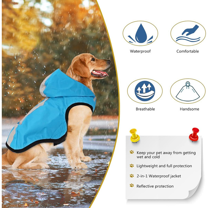 Водонепроникний дощовик 2-в-1 для собак, легкий комбінезон для собак з капюшоном, дихаюче дощове пончо з капюшоном і світловідбиваюча смуга для маленьких, середніх і великих собак синього кольору