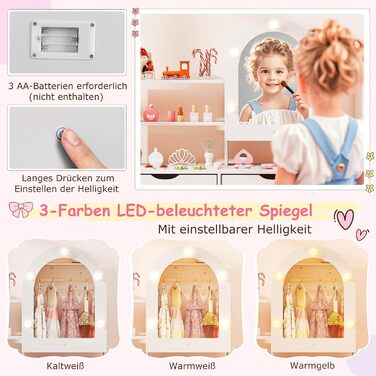 Детський туалетний столик COSTWAY 2-в-1 зі стільчиком та дзеркалом, з LED-підсвіткою, з шухлядами, для дівчаток 3-7 років, колір білий