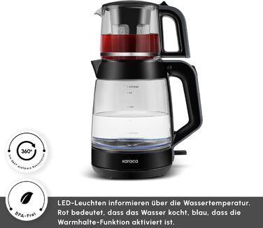 Чайник-заварник Karaca Glass XL 2 в 1 Shiny Black, 0.9л, 2.2л, LED, автоматичний, поворотний, енергоефективний