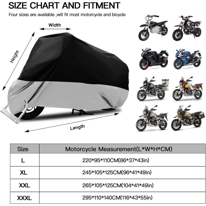 Водонепроникний чохол для мотоцикла DREAMIZER, позашляховий чохол для мотоцикла з отвором для кріплення для внутрішньої і зовнішньої захисту від пилу, снігу і дощу (220x95x110 см) (чорний сріблястий, XXL 265X105X125 см)