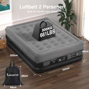 Надувне ліжко Lewondr на 2 особи з вбудованим насосом, 203x152x46 см, сірий колір, 250 кг, для кемпінгу, дому, гостей, подорожей