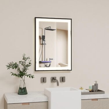 Дзеркало для ванної кімнати YOURLITE з підсвіткою, 85x55 см, LED, сенсорне керування, 3 кольори світла, регулювання яскравості, протизапобігання запотіванню, вертикальна/горизонтальна орієнтація, IP44, білий (чорний-5070)