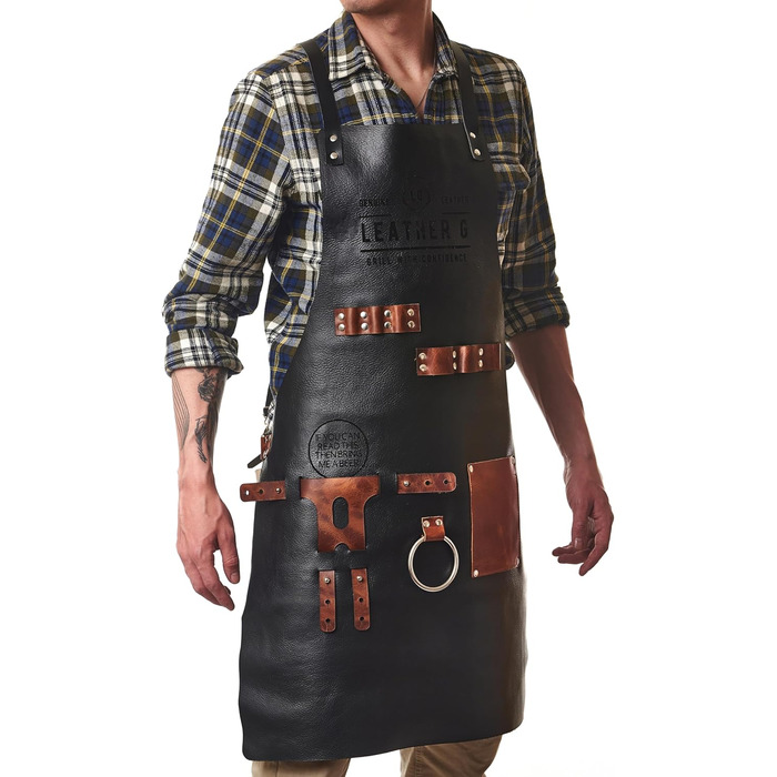 Чорний шкіряний фартух для гриля з тримачем для пива, BBQ фартух для майстра гриля - міцний, з кишенями, регульовані бретельки