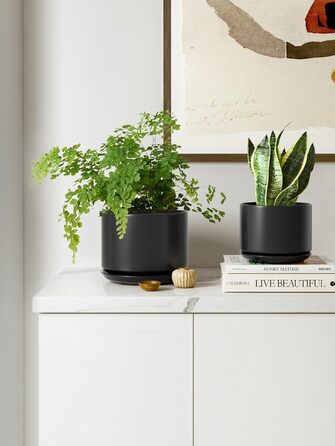 Набір горщиків для квітів LE TAUCI 3шт, кераміка, 11/13/17 см, з підставками та дренажними отворами, реактивна глазур, бежевий (чорний)