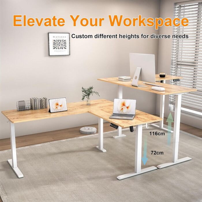 Електричний кутовий стіл BEXEVUE з регулюванням висоти 160x140 см, 3 функції пам'яті, антиколізійна технологія, для дому та офісу, бежевий