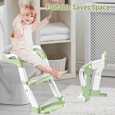 Дитячий унітаз-сходи 3-в-1 з ручками, регульована висота, зелений. Тренажер для привчання до туалету, складаний сидіння.