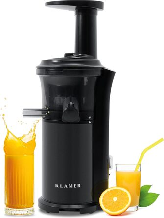 Повільна соковижималка KLAMER для овочів і фруктів, соковижималка з редуктором заднього ходу, електричний прес для фруктів зі щіткою та 2 контейнерами, тонкий дизайн, чорний