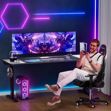 Ігровий стіл Himimi 180x70x80 см з LED підсвічуванням, стільниця з карбону, органайзер для кабелів, тримач для напоїв та кріплення для навушників (Чорний)