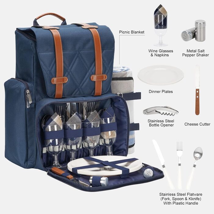 Набір для пікніка на 4 особи з великою ізольованою сумкою-холодильником, набір для пікніка з мішком для вина, водонепроникний плед та набір столових приборів. Ідеально для кемпінгу, подарунок на весілля, блакитний колір