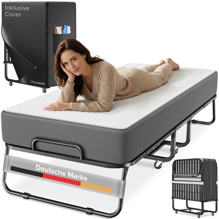 Розкладне ліжко ELONEO 80x200 см з преміум-матрацом, металевий каркас, витримує до 250 кг, гостьове ліжко на колесах з захисним чохлом