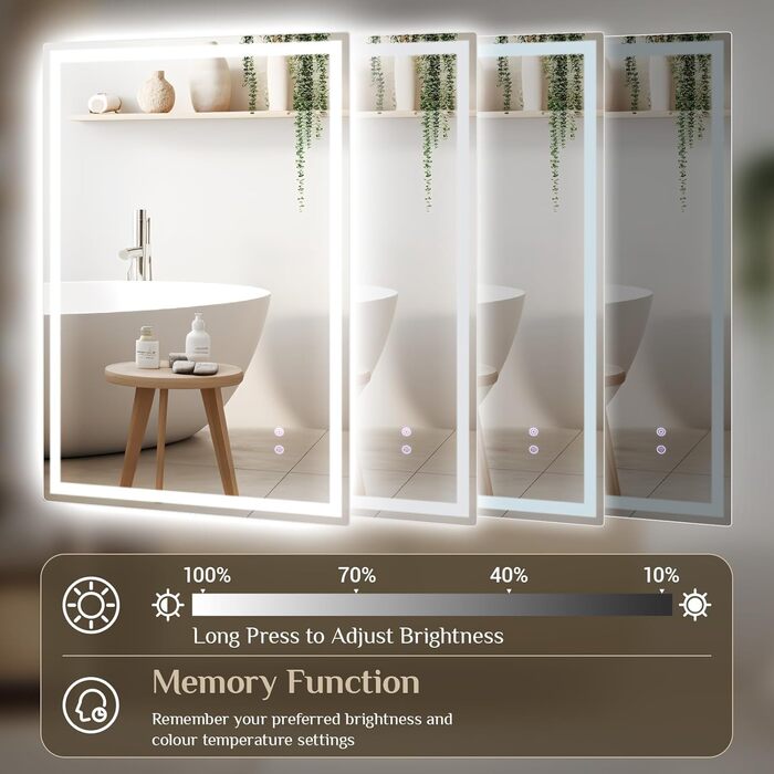 Дзеркало для ванної кімнати з підсвічуванням 80x60 см, LED дзеркало з 3 кольорами світла, регулюванням яскравості, захисне скло, сенсорне управління, функція пам'яті, запобігання запотіванню, для ванної кімнати