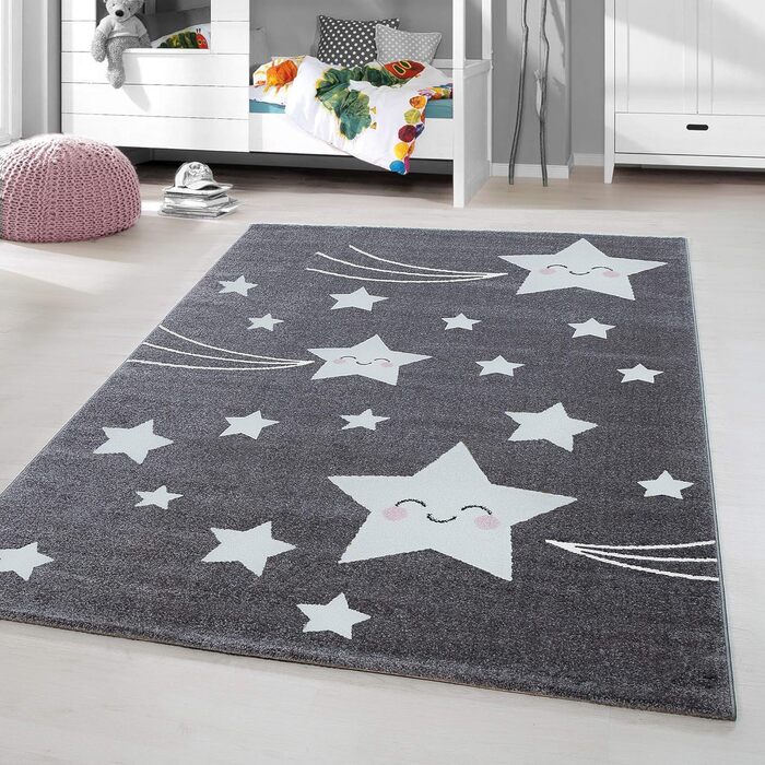 Дитячий килим з коротким ворсом Smiling Star Design Дитяча кімната Ігрова кімната 11 мм Висота ворсу М'яка прямокутна кругла доріжка сірого кольору, Розмір 120 см Кругла 120 см Кругла сіра