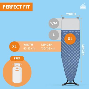 Чохол для стільця Bügetisch Comfort, універсальний, 45x125 см, блакитний, XL. Виготовлений з 100% бавовни з товстим шаром м'якої піни. Забезпечує комфорт при прасуванні.