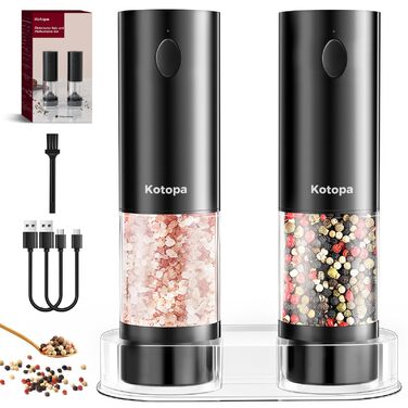 Електричні солі та перечні млини 2 шт. (чорні) з регулюванням помелу, LED-підсвічуванням та великим резервуаром 100 мл