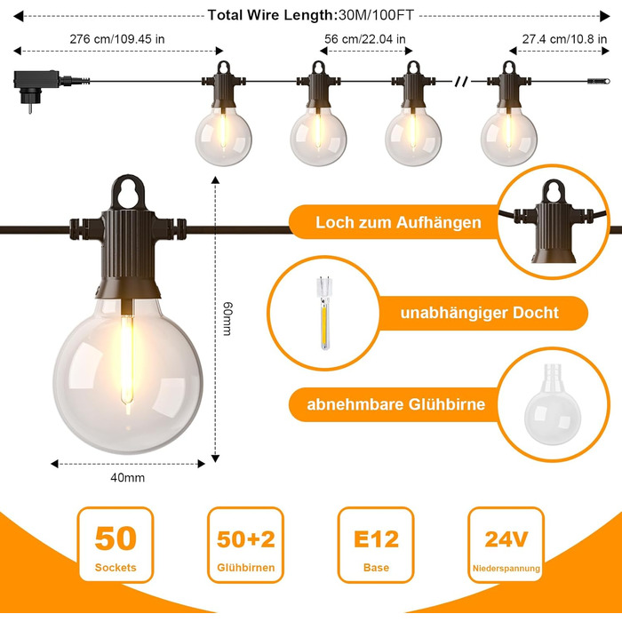 Льотна гірлянда Kawaya 10 метрів, LED, для вулиці, з 15+1 лампочками, IP65, вологостійка, тепле світло, для балкона, тераси, саду, вечірки, вологостійка