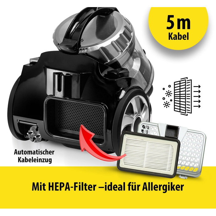 Пилголом Carrera чорного кольору: пилосос циклонного типу, з кабелем, компактний, 800W, HEPA-фільтр, висока потужність всмоктування